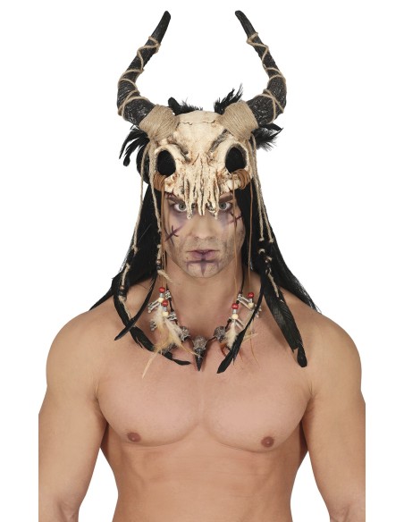 Maschera teschio mezzo viso con corna ricurve e piume nere per Halloween