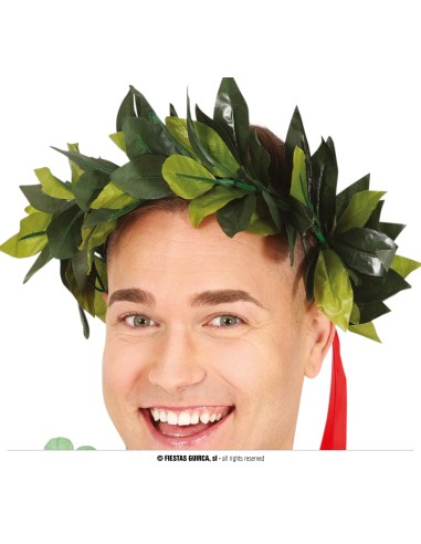 Corona di alloro verde con foglie naturalistiche e nastro rosso per cerimonia di laurea