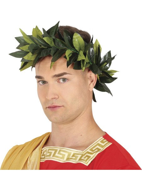 Corona di alloro verde con foglie naturalistiche e nastro rosso per cerimonia di laurea