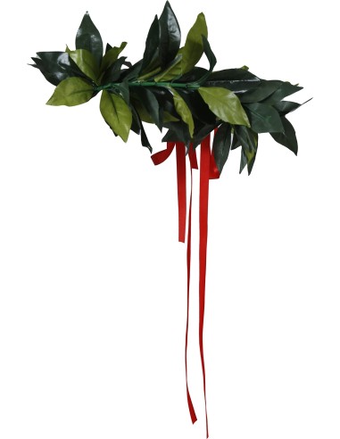 Corona di alloro verde con foglie naturalistiche e nastro rosso per cerimonia di laurea