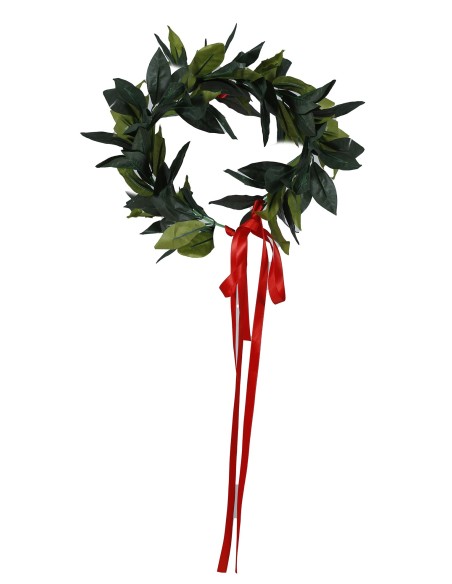 Corona di alloro verde con foglie naturalistiche e nastro rosso per cerimonia di laurea