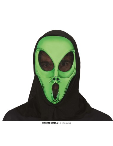 Maschera alieno verde con cappuccio nero PVC per costume Halloween extraterrestre