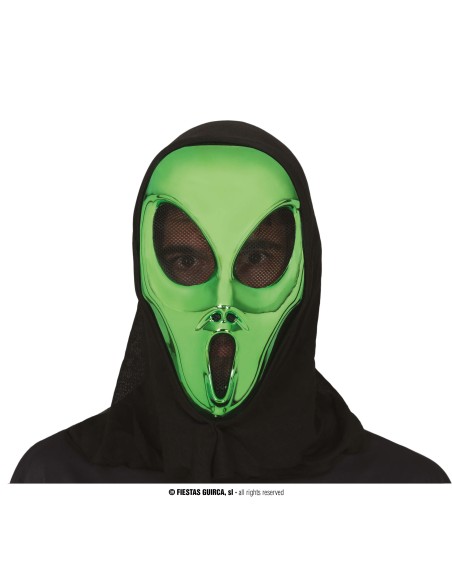Maschera alieno verde con cappuccio nero PVC per costume Halloween extraterrestre