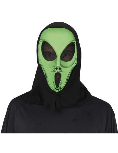 Maschera alieno verde con cappuccio nero PVC per costume Halloween extraterrestre