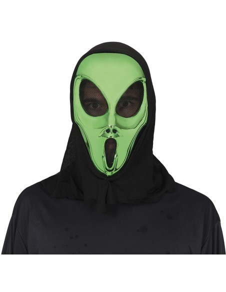 Maschera alieno verde con cappuccio nero PVC per costume Halloween extraterrestre