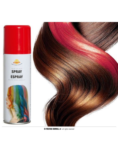 Ciocca di capelli con spray colorante rosso temporaneo per trucco teatrale e costumi