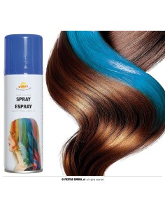 Spray colorante blu per capelli con effetto temporaneo su ciocca castana