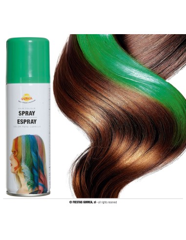 Spray colorante verde per capelli temporaneo su ciocca di capelli castani per trucco e travestimenti