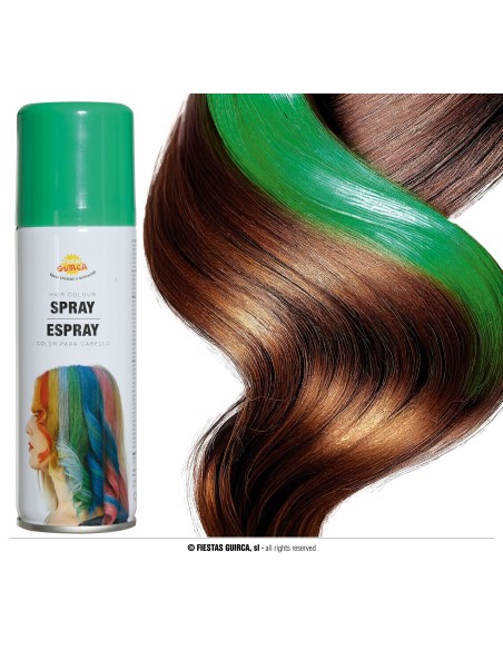 Spray colorante verde per capelli temporaneo su ciocca di capelli castani per trucco e travestimenti