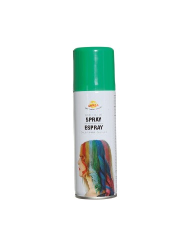 Spray colorante verde per capelli temporaneo su ciocca di capelli castani per trucco e travestimenti