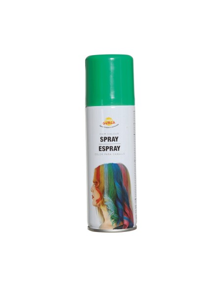 Spray colorante verde per capelli temporaneo su ciocca di capelli castani per trucco e travestimenti