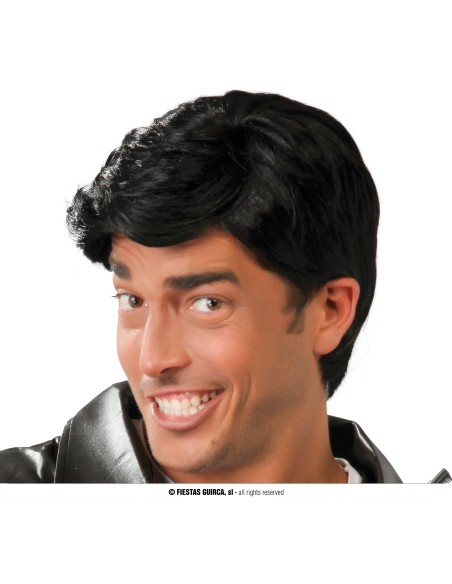 Parrucca nera maschile con ciuffo stile Elvis rock and roll anni 50 capelli scuri