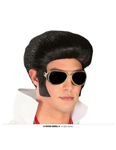Parrucca nera stile Elvis re del rock anni 50 con ciuffo voluminoso e occhiali da sole dorati
