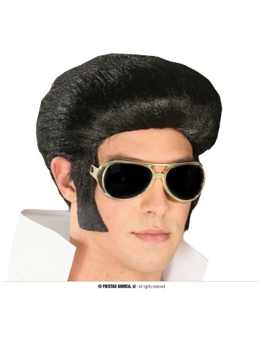Parrucca nera stile Elvis re del rock anni 50 con ciuffo voluminoso e occhiali da sole dorati