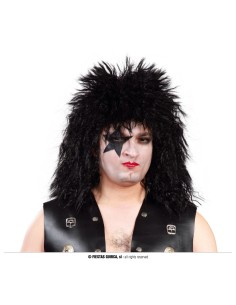 Parrucca rockstar nera voluminosa stile anni 80 heavy metal con capelli lunghi scompigliati