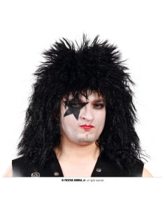 Parrucca rockstar nera voluminosa stile anni 80 heavy metal con capelli lunghi scompigliati 2