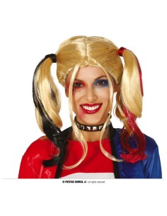 Parrucca bionda con code rosse e nere per travestimenti e feste a tema Halloween