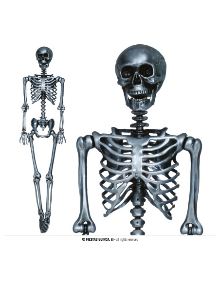 Scheletro decorativo argento 160 cm con teschio e ossa articolate per Halloween