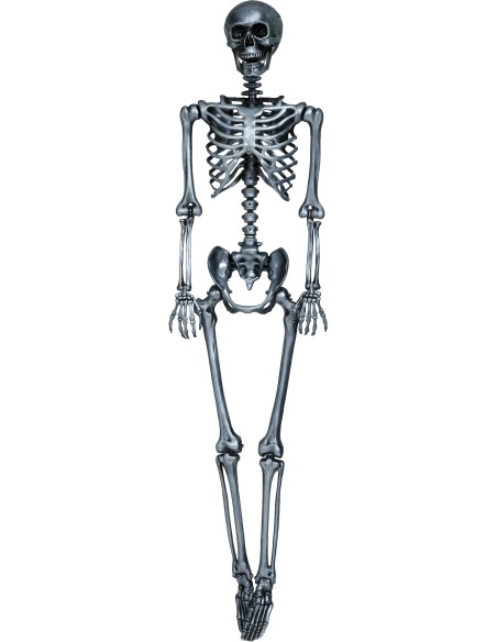 Scheletro decorativo argento 160 cm con teschio e ossa articolate per Halloween
