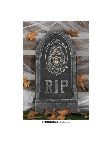 Lapide decorativa grigia con teschio inciso e scritta RIP per decorazioni Halloween