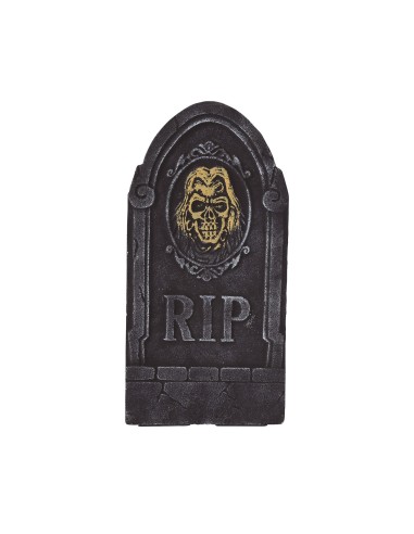 Lapide decorativa grigia con teschio inciso e scritta RIP per decorazioni Halloween