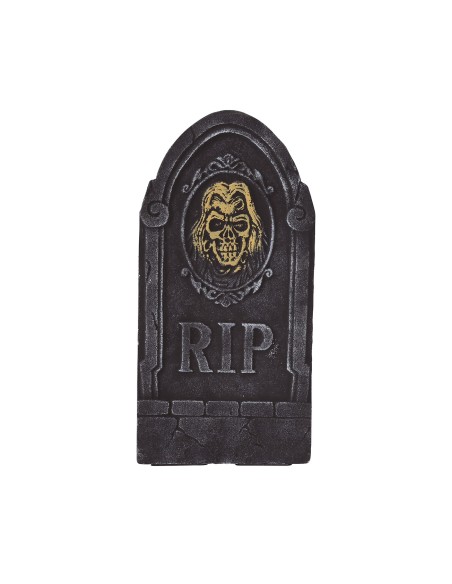 Lapide decorativa grigia con teschio inciso e scritta RIP per decorazioni Halloween