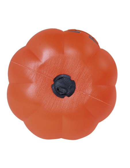 Due zucche luminose arancioni con volti intagliati su foglie autunnali per decorazioni Halloween