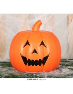 Zucca Halloween arancione luminosa con volto intagliato sorridente, decorazione plastica 32 cm