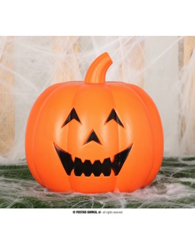 Zucca Halloween arancione luminosa con volto intagliato sorridente, decorazione plastica 32 cm