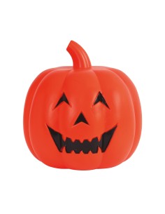 Zucca Halloween arancione luminosa con volto intagliato sorridente, decorazione plastica 32 cm 2