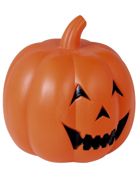Zucca Halloween arancione luminosa con volto intagliato sorridente, decorazione plastica 32 cm