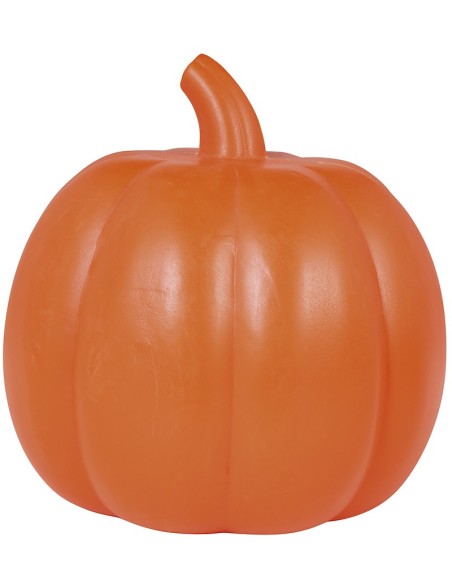 Zucca Halloween arancione luminosa con volto intagliato sorridente, decorazione plastica 32 cm