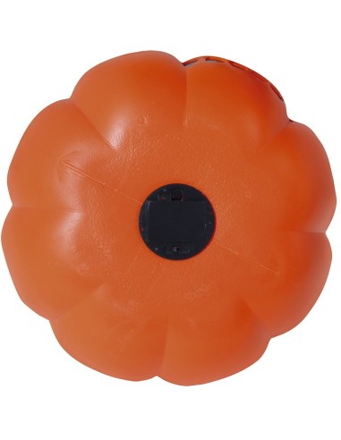 Zucca Halloween arancione luminosa con volto intagliato sorridente, decorazione plastica 32 cm