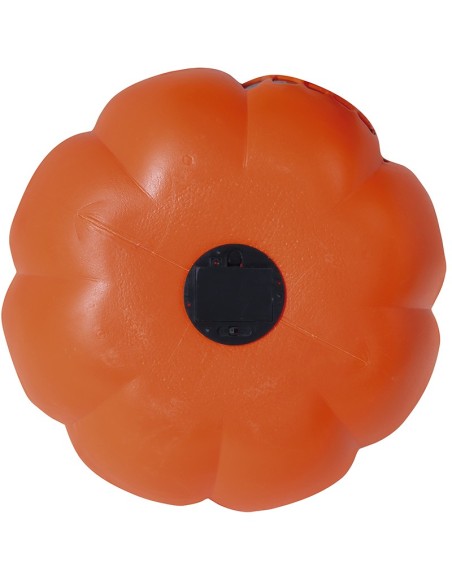 Zucca Halloween arancione luminosa con volto intagliato sorridente, decorazione plastica 32 cm