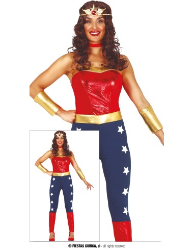 Costume Wonder Woman donna con bustier rosso, leggings blu stellati e accessori dorati per feste a tema supereroi
