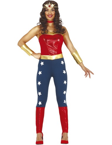 Costume Wonder Woman donna con bustier rosso, leggings blu stellati e accessori dorati per feste a tema supereroi