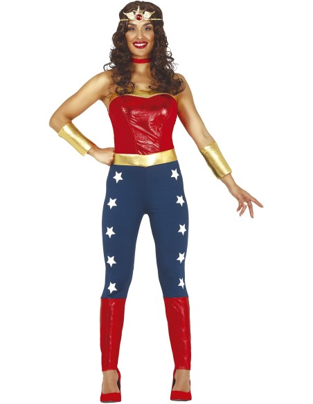 Costume Wonder Woman donna con bustier rosso, leggings blu stellati e accessori dorati per feste a tema supereroi