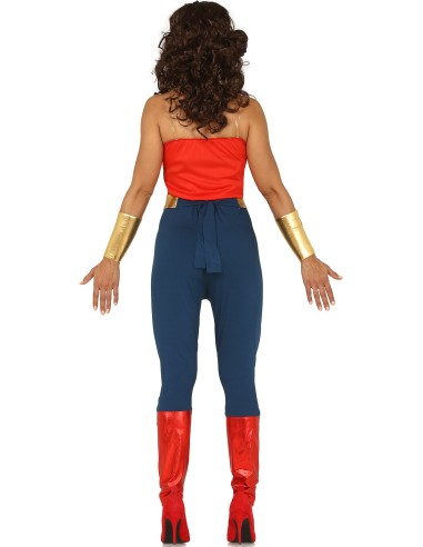 Costume Wonder Woman donna con bustier rosso, leggings blu stellati e accessori dorati per feste a tema supereroi
