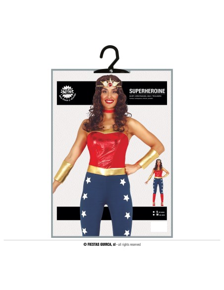 Costume Wonder Woman donna con bustier rosso, leggings blu stellati e accessori dorati per feste a tema supereroi