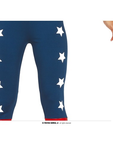 Costume Wonder Woman donna con bustier rosso, leggings blu stellati e accessori dorati per feste a tema supereroi