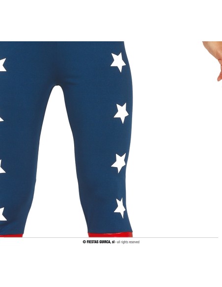 Costume Wonder Woman donna con bustier rosso, leggings blu stellati e accessori dorati per feste a tema supereroi