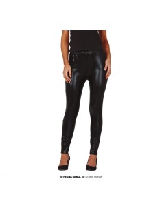Leggings neri effetto pelle aderenti indossati da donna per look glamour rock