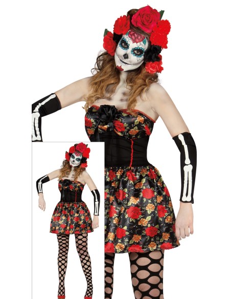 Costume Catrina messicana nero con rose rosse, maschera teschio e guanti lunghi per Halloween donna