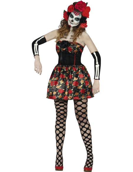 Costume Catrina messicana nero con rose rosse, maschera teschio e guanti lunghi per Halloween donna