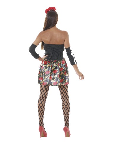 Costume Catrina messicana nero con rose rosse, maschera teschio e guanti lunghi per Halloween donna
