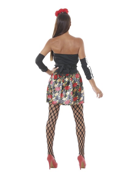 Costume Catrina messicana nero con rose rosse, maschera teschio e guanti lunghi per Halloween donna