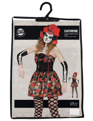 Costume Catrina messicana nero con rose rosse, maschera teschio e guanti lunghi per Halloween donna