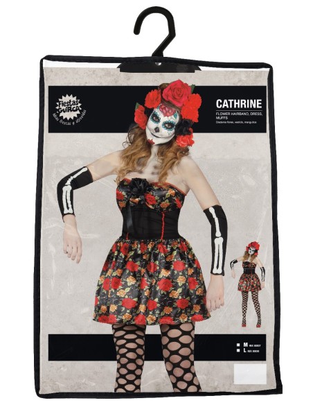 Costume Catrina messicana nero con rose rosse, maschera teschio e guanti lunghi per Halloween donna