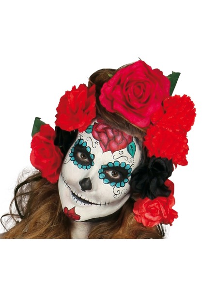 Costume Catrina messicana nero con rose rosse, maschera teschio e guanti lunghi per Halloween donna