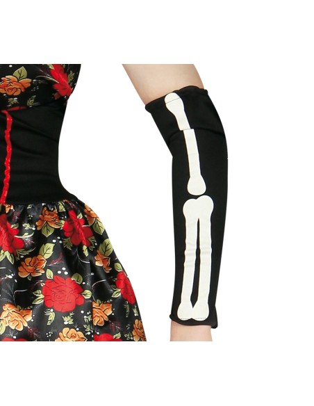 Costume Catrina messicana nero con rose rosse, maschera teschio e guanti lunghi per Halloween donna